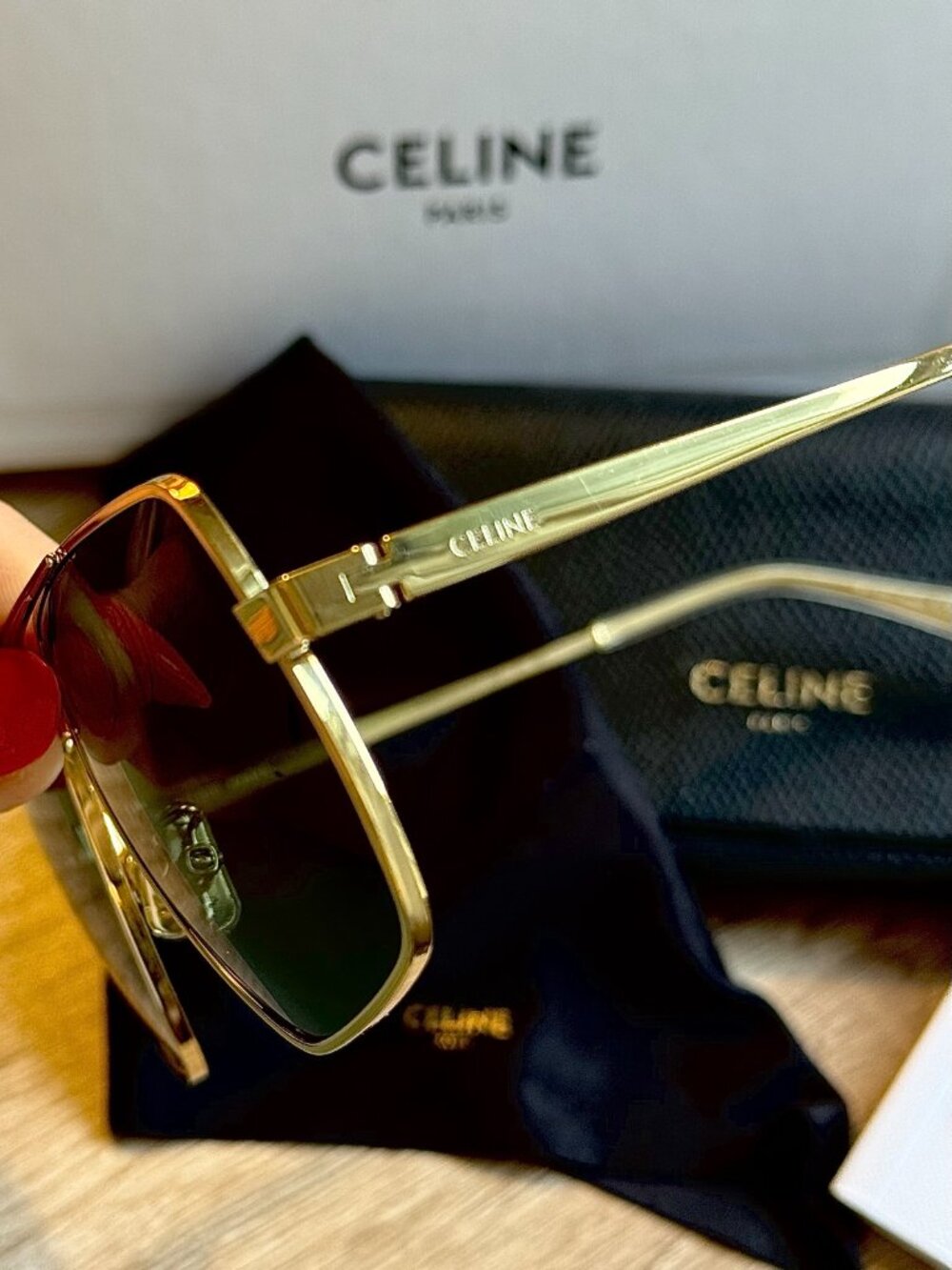 Celine Gold Green Aviator Unisex Sunglasses - Picture 5 of 8